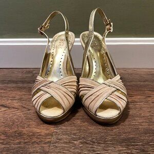 BCBG Paris Gold Wedge Heel Peep Toe Sandals